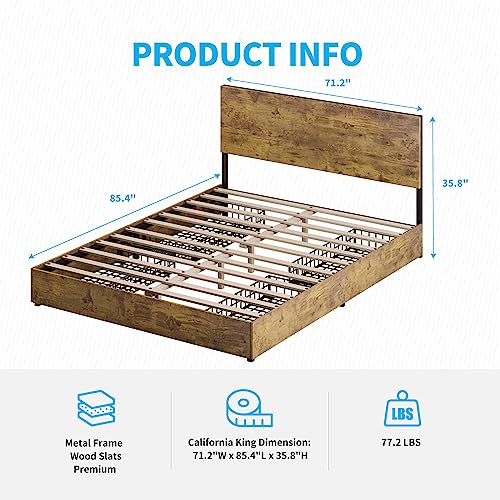 Mjkone California King Size Bed Frame with Storage, Rustic Cal King Size Platform Bed with Headboard, Platform Bed Frame with 4 Drawers, Wood Slat Support, No Box Spring Needed, Easy Assembly
