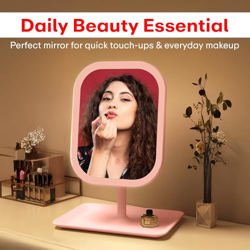 Image of Prime Pick Beauty Pro Makeup Mirror 360 Degree Rotating Plastic Vanity Mirror Non LED Lightweight Durable Tabletop Square Mirror for Home Travel Multipurpose Use Pink Pack of 1