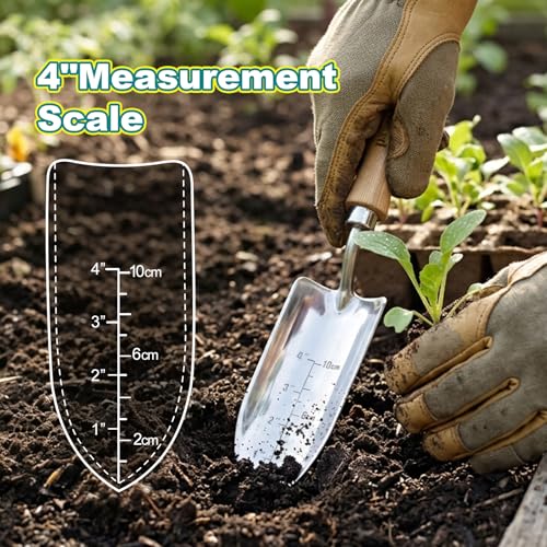 Image of Berry&Bird 4 inch Measuring Transplanting Trowel, Stainless Steel Garden Hand Shovel with Ash Wood Handle & Leather Hanging Loop, Heavy Duty Gardening Tool for Digging, Planting, Potting & Loosening Soil