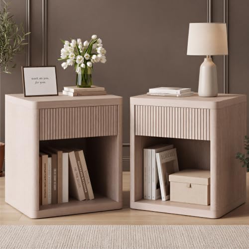 Image of OLIXIS Set of 2 Modern Nightstand, 22.7 inch Fluted Drawer Wood Bedside Table