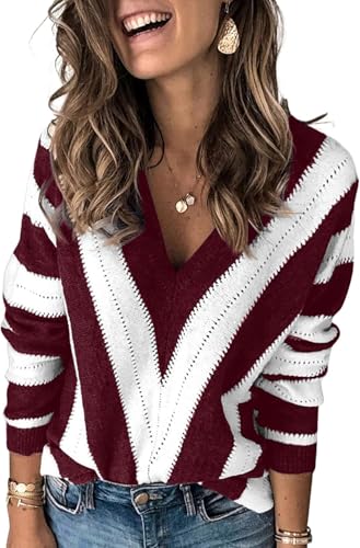 Pullover Damen V-Ausschnitt Langarm Strickpullover Damen V-Form Gestreiftes Pulli Damen