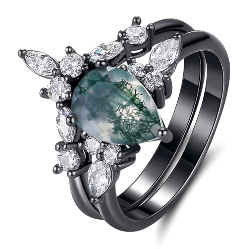 Pear Cut Moss Water Grass Stone Stackable Ring Set with Black Gold Plating and Sparkling Zircon - Customize a Ring