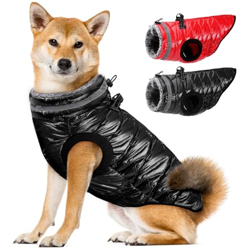 Eyein Wasserdichter Hundemantel mit Geschirr, Fleece Rollkragen Warme Hundewinterjacke mit doppeltem Reißverschluss, reflektierende Hundeschneejacke für kleine mittlere große Hunde, Schwarz, M