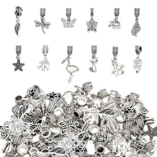 CHGCRAFT 48Pcs 12 Styles Alloy Dangle Spacer Beads European Dangle Beads Antique Silver Butterfly...