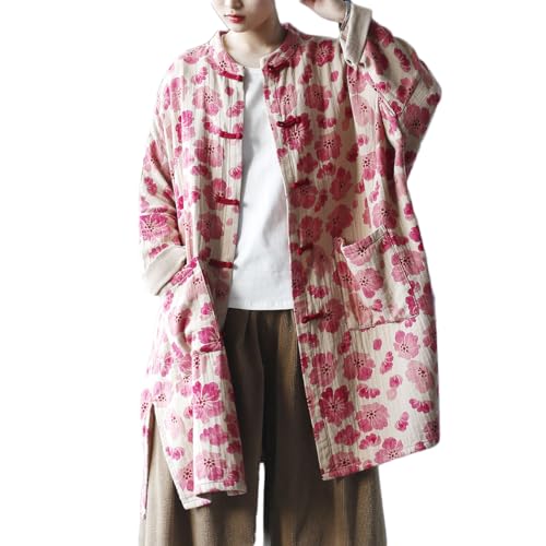 Ystylee Women's Trench Coat Flower Printed Boho Kimono Jacket Handmade Frog Buttons Loose Oversized Outwear