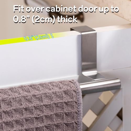 Image of Cabinet Door Towel Bar, Kitchen Towel Holder, Silver, Single | Extended Anti-Slip Arm, EVA Scratch Guard Pads, No-Drill Install, Stainless Steel Dish Towel Holder, Kitchen Towel Rack