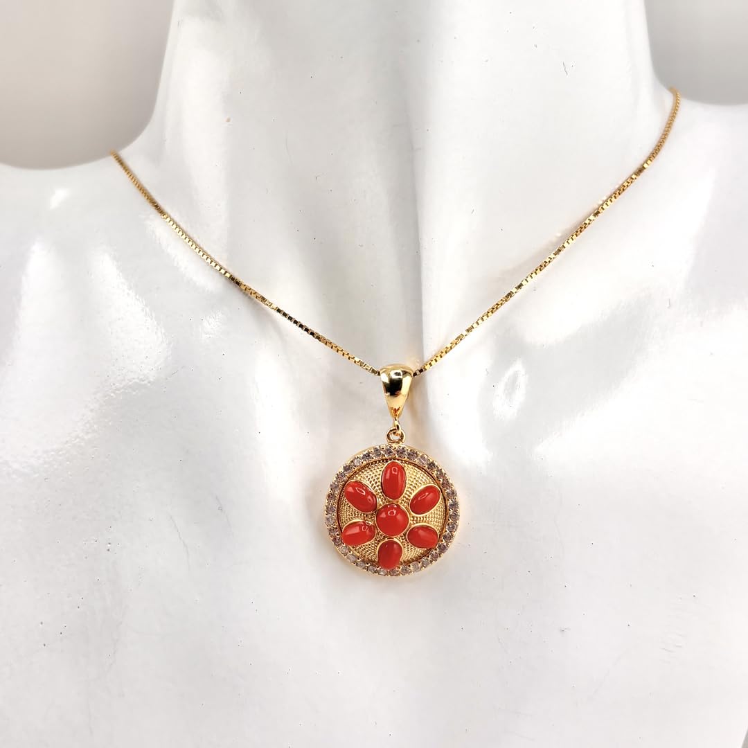 Ciondolo elegante tondo in argento 925 dorato con corallo rosso naturale del Mediterraneo catenina veneziana 45 cm gioiello donna ragazza elegante artigianale