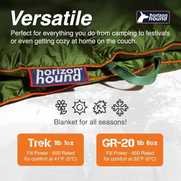 Horizon Hound Down campingdeken - Trek, groene reisdeken, duurzaam geïsoleerd dons, lichtgewicht en warm dekbed voor kamperen, stadion, wandelen en festival, waterbestendig, opvouwbaar en compact