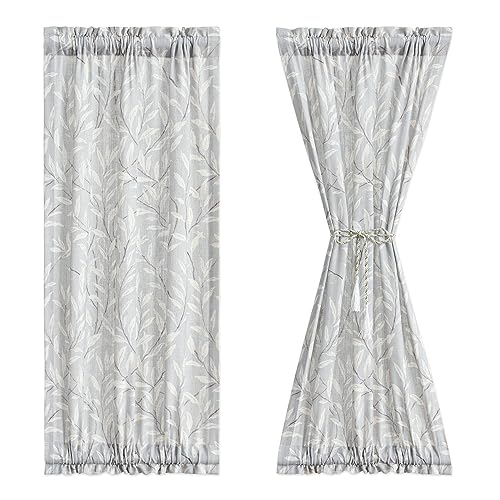 Image of VOGOL Leaves Pattern Door Window Curtains, 1 Panel Linen Textured Patio Door Curtain with Rod Pocket Top and Bottom, 25 x 40 Inches View Reducing Short Drape