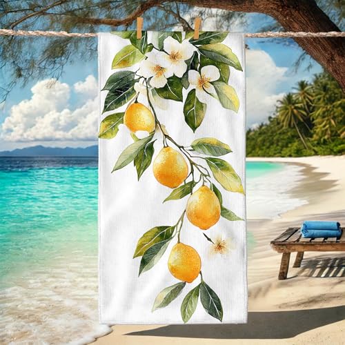 Lemon Blossom Microfiber Beach Towel Yellow Tropical Floral Bath Towel, Quick Dry Absorbent Soft Sand Free Lightweight Beach Blanket, Summer Vacation Picnic Pool Essentials 70x35 Inch
