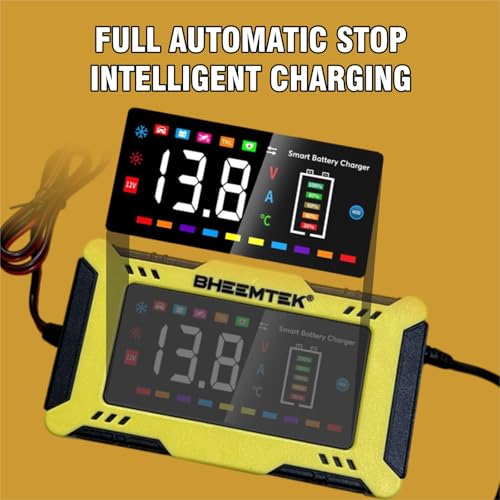 Image of Bheemtek Car Battery Charger 6A 12V with LED Display | Portable Smart Charger & Maintainer for Lithium Iron Phosphate, Lead Acid, AGM, Gel, SLA, Wet Motorcycle Batteries with Automatic Repair Function