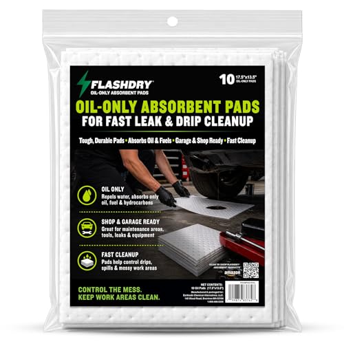 Image of FlashDry Oil Absorbent Pads - High Absorbency of Oil-Based Liquids, Water-Repellent, Tear-Resistant, Premium Mats, Ideal for Garage, Driveway, Automotive, Marine Use, 17.5 inch x 13.5 inch, 10 Pads in Total