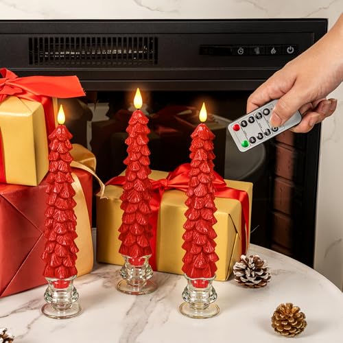 Image of Homemory 3 Pcs Christmas Tree Candles with Remote, Waxy Flameless Taper Candles Flickering, Red LED Candlesticks Battery Operated for New Year Celebration Holiday Decorations 9.7 Inches