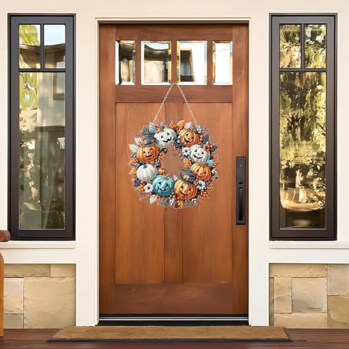 Image of PATPAT DIY Halloween Ornament Diamond Art Craft Kit, 9.4'' Dia Door Hanging Ornament, Classic Pumpkin Design, DIY Diamond Art Wreath for Halloween Room Decor, Party