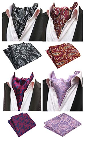 MOHSLEE 4 PCS Mens Ascot Paisley Floral Cravat Tie Scarf Party Pocket Square Set