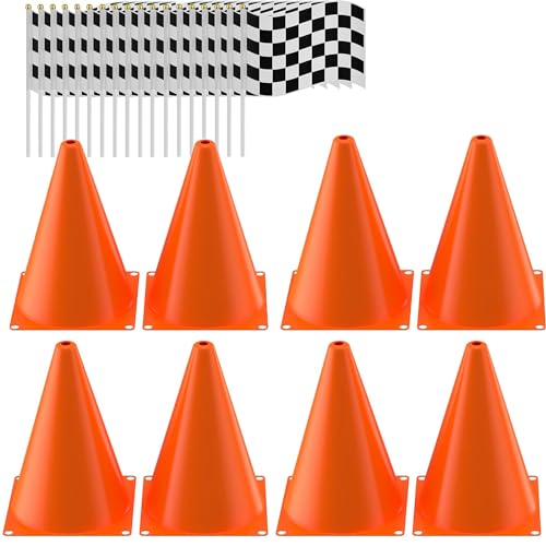 Traffic Cones with Racing Checkered Flags-8 Traffic Cones With Hole on Top, 16 Checkered Flags, Race Car Birthday Party Supplies, Table Centerpiece Decorations, Kids Gift (24PCS)