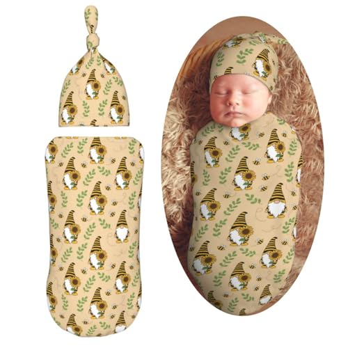 Image of Muishi Gnomes Bees Sunflowers Newborn Swaddle Blankets Hat Sets Soft Baby Receiving Blanket Swaddle Sack for Baby Shower Infant Boy Girl Gift