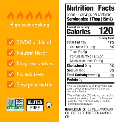 Image of BetterBody Foods Refined Avocado Canola Oil 50 /50 Blend, Non-GMO Cooking Oil, Gluten Free, Kosher, Frying, Baking, 500 mL, 16.9 Fl Oz