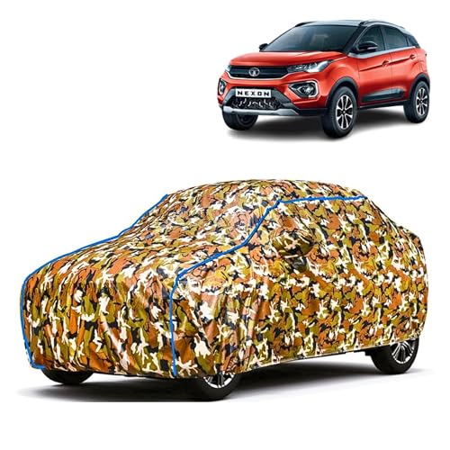 Image of Kerwa Car Body Cover Waterproof Compatible with TATA Nexon | Scratch Proof, Anti-Dust, UV Protection | Windproof Buckle Strap | Fitted Bottom Elastic | Side Mirror Pockets-Jungle