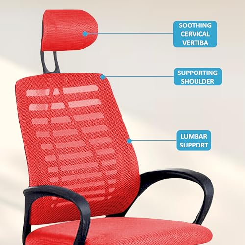 Image of Casa Copenhagen,Mesh Office Desk,Rocking, Ergonomic Computer Chair Adjustable High with Headrest and Comfortable Armrest Swivel Chair - Red & Dark Black Handle