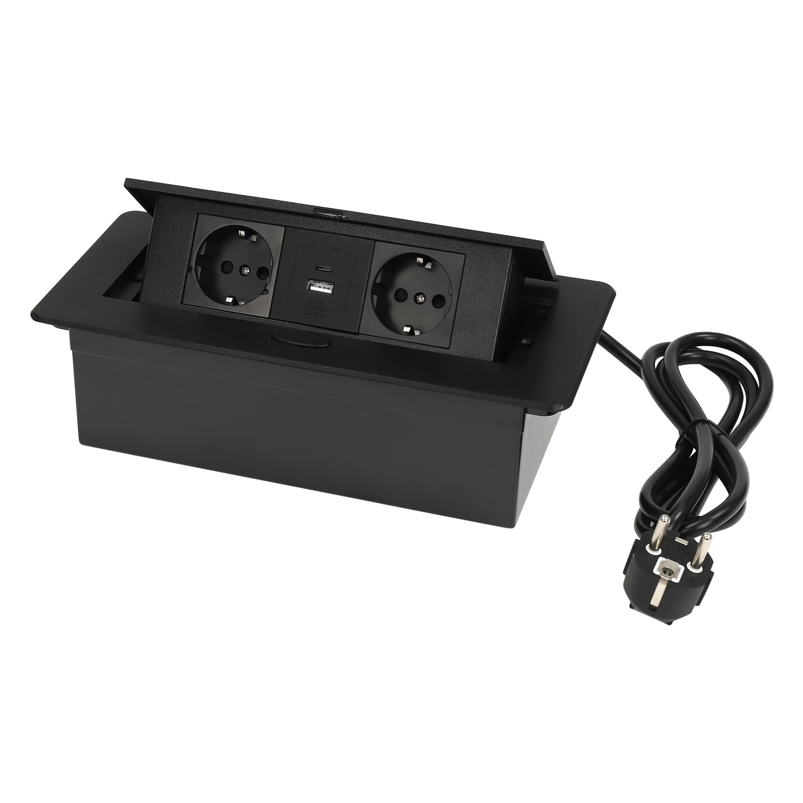 Ciabatta elettrica a scomparsa, presa da incasso con USB + tipo C Pop Up, presa da scrivania con 2 prese UE per piano di lavoro, ufficio (nero)