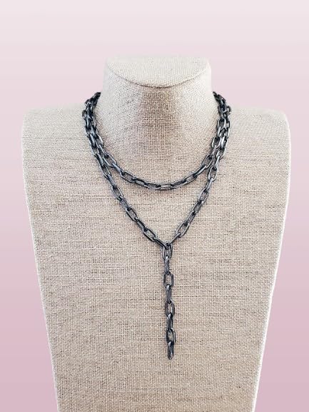 Gunmetal Paperclip Chain Necklace Lariat Double Layered Thick Black - Image 2