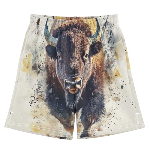 Bison Watercolor Animal Shorts Casual for Boys Trendy Athletic Shorts Funny Pj Kids Trunks 7-8