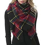 Womens Plaid Blanket Scarf Classic Soft Tartan Wrap Shawl Oversized Shawl Cape Warm Scarves Red Green Stripes