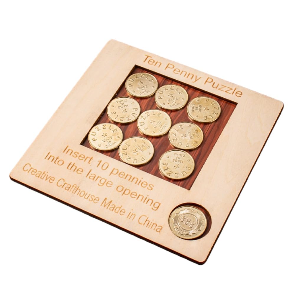 Penny Coin Puzzle Set Level 10 Difficulty Wood Metal Brain Teaser 5.5in