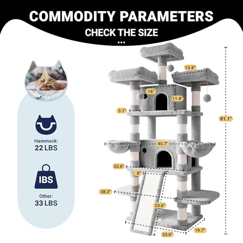 Image of Allewie 82 Inches Large Cat Tree /House /XXL Tall Cat Towers for Big Feline /Scratching Post /Multi-Level Large Kitty Climbing Tree with Condo /Light Grey