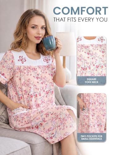 Image of Casual Nights Women's Snap - Front House Dress Short Sleeve Woven Housecoat Duster Lounger Robe with Pockets