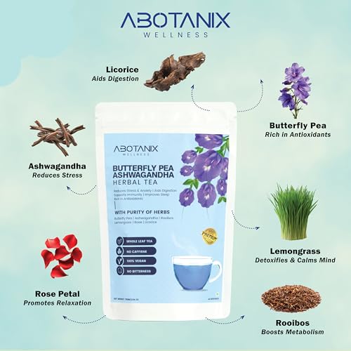 Image of ABOTANIX Butterfly Pea Herbal Tea 75g (40 Cups), Premium Ashwagandha Tea with Lemongrass, Rose, Licorice, Helps in Reducing Stress & Anxiety, Improves Sleep & Digestion, Immunity Booster, Antioxidants, Caffeine Free, No Sugar