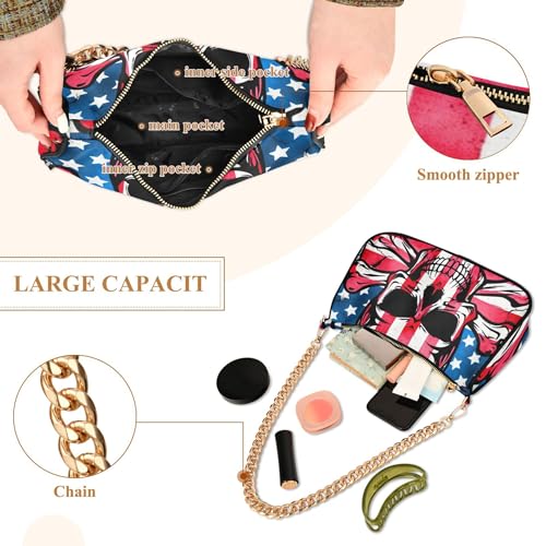 Grunge American Flag Skull Colorful Shoulder Bag for Women Casual Hobo Purse Pattern Medium Handbag Tote Zipper Closure4