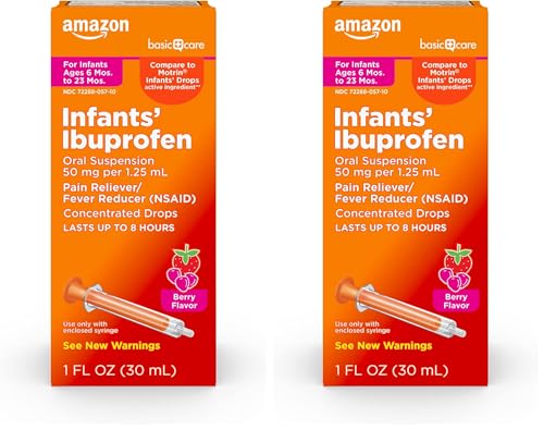 Image of Amazon Basic Care Infants' Ibuprofen Oral Suspension Drops, 50 mg per 1.25 mL, Berry Flavor, for Minor Aches and Pains, Sore Throat, Headache Relief and More, 1 fl oz (Pack of 2)