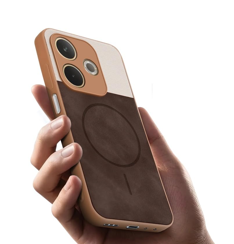 Image of Bintage CASE Dual-Leather Mac Safe Design Phone Case| Soft Touch Finish | Full Camera Protectection Back Cover Compatible for Oppo CPH2695 /Oppo A5Pro 5G - White & Choco Brown