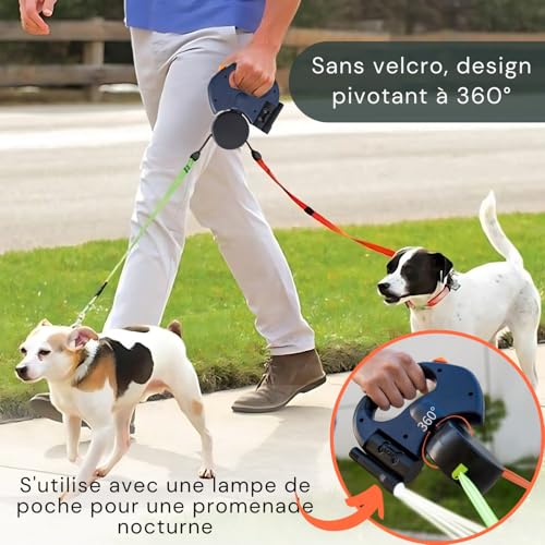 AVOID Doppelte Hundeleine Große Hunde 3M - Reflektierende Leine Hund, 360° Drehfunktion Mit Taschenlampe Und Taschenspender, Hundeleine 3M, Automatische Einziehbare Rollleinen