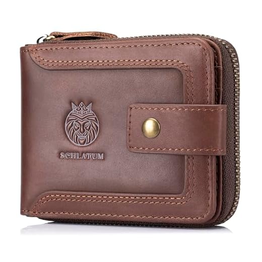 SCHLATUM Carteira masculina de couro genuíno com zíper e bloqueio de RFID, grande capacidade, carteira vintage com bolso para moedas, janela para identidade, Café, Vintage e clássico