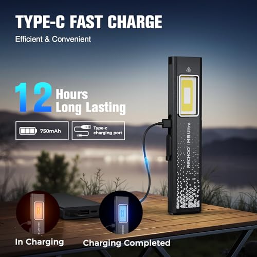 Image of RECHOO Flat EDC Flashlight Rechargeable, 8-Mode Slim Pocket Flashlight with Magnetic Base & Clip, Lightweight Mini Rechargeable Flashlights for Home, Work, Camping, Car Repair & Emergencies