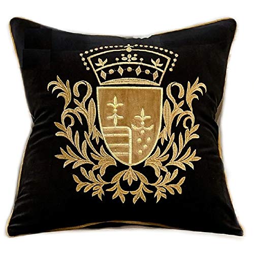 Brillabenny COUSSIN COVER LUXURY ROYAL blason royal couronne velours noir et or or, lys canapé meubles maison canapé luxe Yatch fauteuil salon (noir or 2)