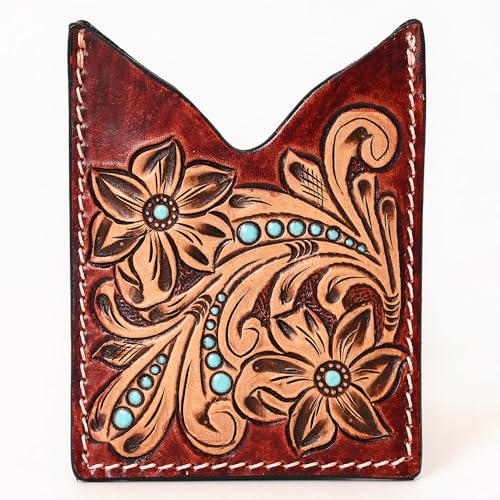 American Darling Floral Women & Men Hand Carved Genuine Leather Card Holder Turquoise/Brown | Handcrafted Western Belt2