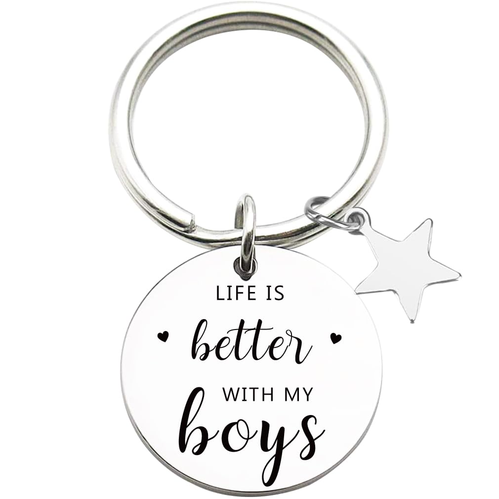 Tecreo Inspirational Keychain with Star Charm, “Life is Better with My Boys” Mother's Gift, Birthday Gift for Mum, Mother's Day Gift, Funny Gift for Mum