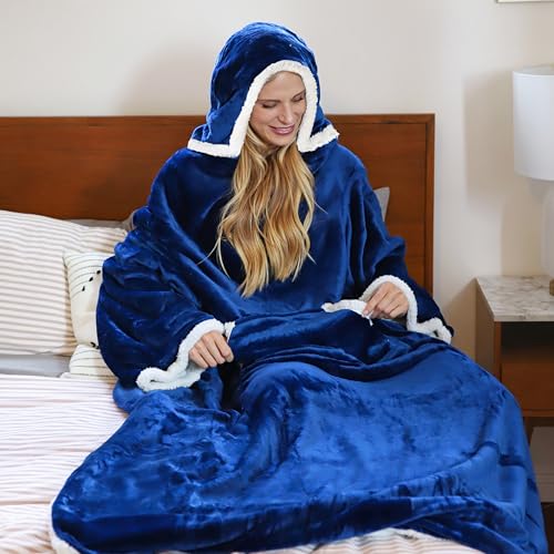 Tirrinia Sherpa Hood Wearable Blanket – Navy Blue Oversized Adult Hoodie Blanket with Pocket — view 7