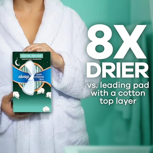 Image of Always Pure Cotton Feminine Pads for Women, FlexFoam Pads with Wings, Size 4, Overnight Absorbency, Unscented, 60 Count (3 Packs of 20)