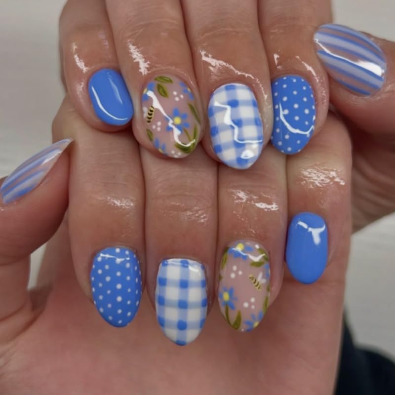 Cute Press on Nails Almond Fake Nails with Bee and Flower Polka Dot Designs Stick on Nail Full Cover Blue and White Checkered French Tip Acrylic Nail