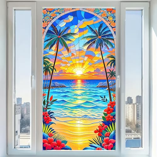 BlissYard Stained Glass Window Film Beach Sunset Scene Static Cling Window Sticker 17.7x39.3 inch Anti-UV Sun Blocke Home Decoration Room Office Glass Partitions Privacy Film