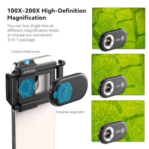 Image of APEXEL 3-in-1 Phone Microscope Lens, PhoneMicro 5 Series 100X /150X /200X Phone Micro Lens for Android /iPhone with LED Light /CPL /Universal Clip, Phone Lens Attachment Mini Pocket Microscope Camera
