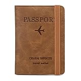 Porta-passaporte para cartão de vacina com faixa elástica, carteira de pu couro com bloqueio de RFID, capa de viagem para passaporte/cartão de crédito/cartão de embarque/vacinação
