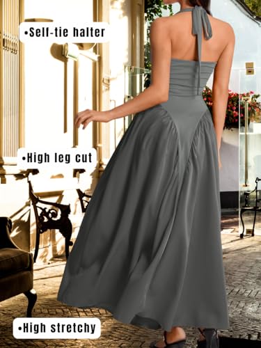 Image of ChiaoLezhee Deep V Neck Dress, Halter Maxi Dresses, Vacation Date Night, Sexy for Women Corset Flowy Wedding Guest Drop Waist