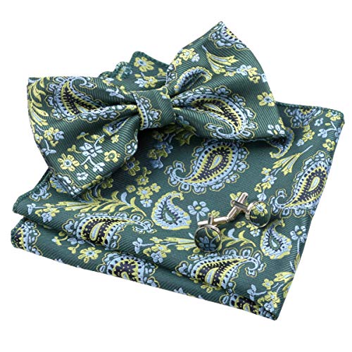 Alizeal Mens Floral Woven Pre-tied Bow Tie, Hanky and Cufflinks Set, Grass Green