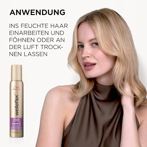 Wellaflex Fülle & Style Schaumfestiger für Frauen | Bis zu 24 Std. ultra starker Halt | Für volles, voluminöses Haar | Sanft zur Kopfhaut, dermatologisch getestet | Silikonenfrei | Haltegrad 5 | 200ml
